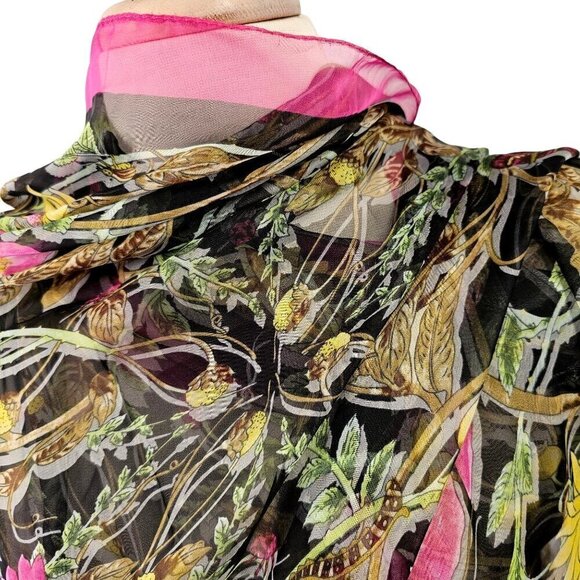 Large Silk Blend Rectangular Scarf Sheer Pink Yellow Floral on Black 42 X 76 - Picture 4 of 10